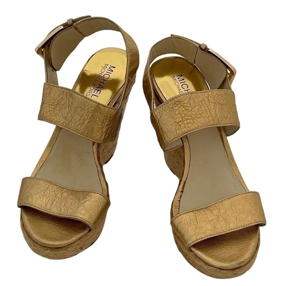 MICHAEL KORS Gold Posey Wedge Sandals Espadrille Platform Leather Pale Sandals - Picture 8 of 11